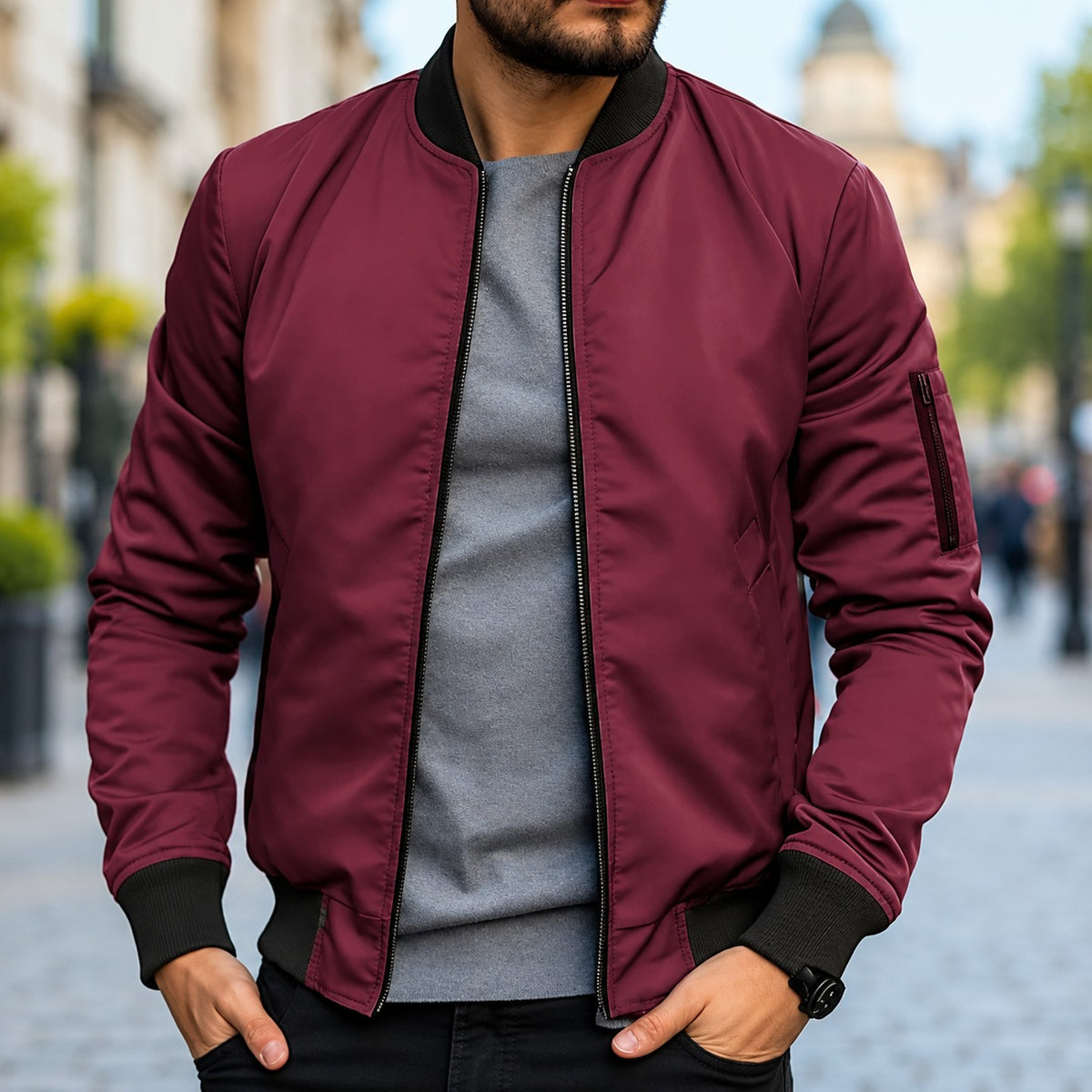 Jaqueta bomber masculina corte clássico com punhos canelados e zíper