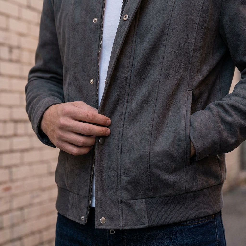 Jaqueta bomber masculina zip-front com gola e punhos de ribana e corte relaxed fit