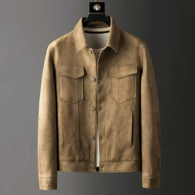 Jaqueta casual masculina com fechamento de botões e bolsos no peito