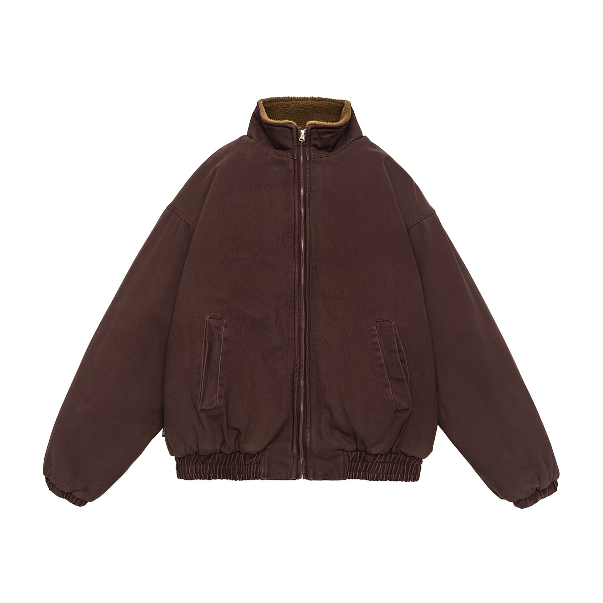 Jaqueta casual masculina com fechamento por zíper, corte oversized e colarinho alto