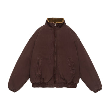 Jaqueta casual masculina com fechamento por zíper, corte oversized e colarinho alto