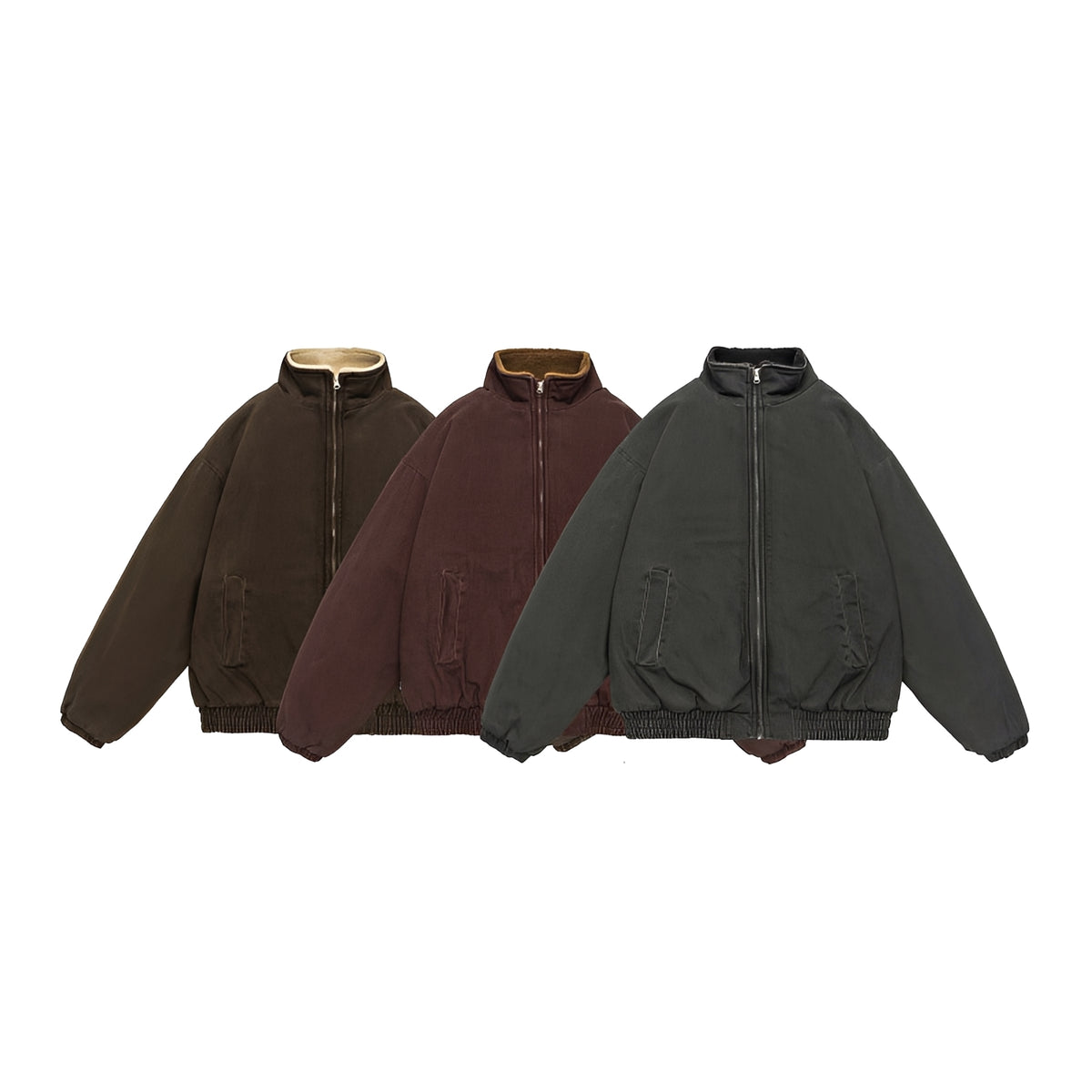 Jaqueta casual masculina com fechamento por zíper, corte oversized e colarinho alto