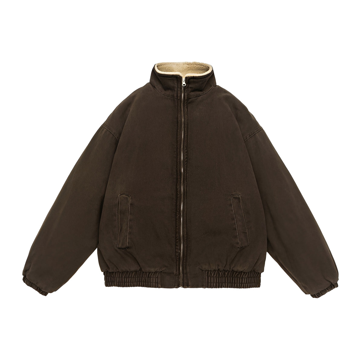Jaqueta casual masculina com fechamento por zíper, corte oversized e colarinho alto