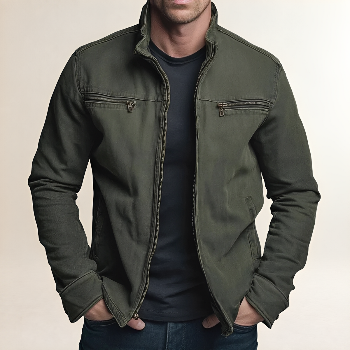 Jaqueta casual masculina com zíper e lapela - corte ajustado e múltiplos bolsos