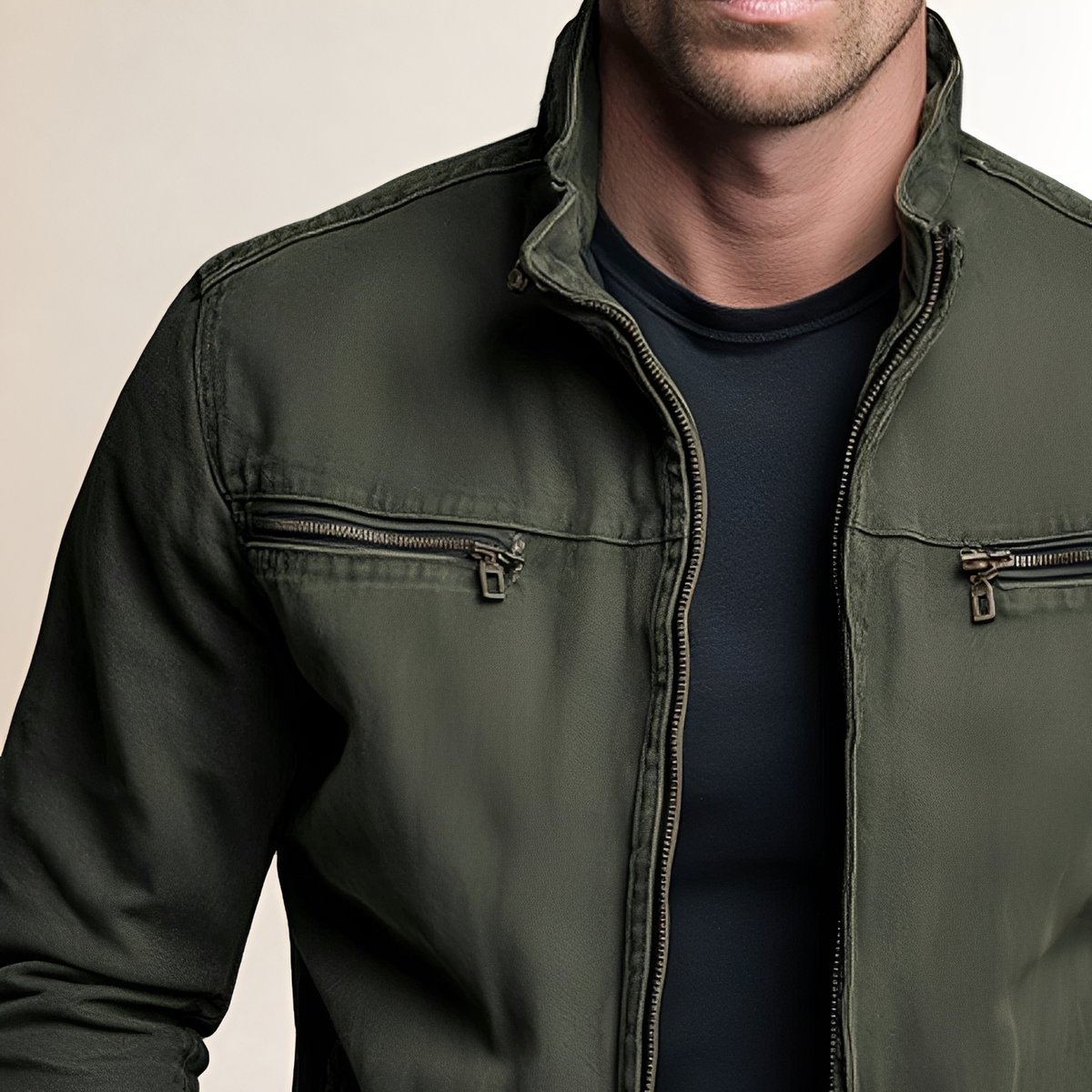 Jaqueta casual masculina com zíper e lapela - corte ajustado e múltiplos bolsos