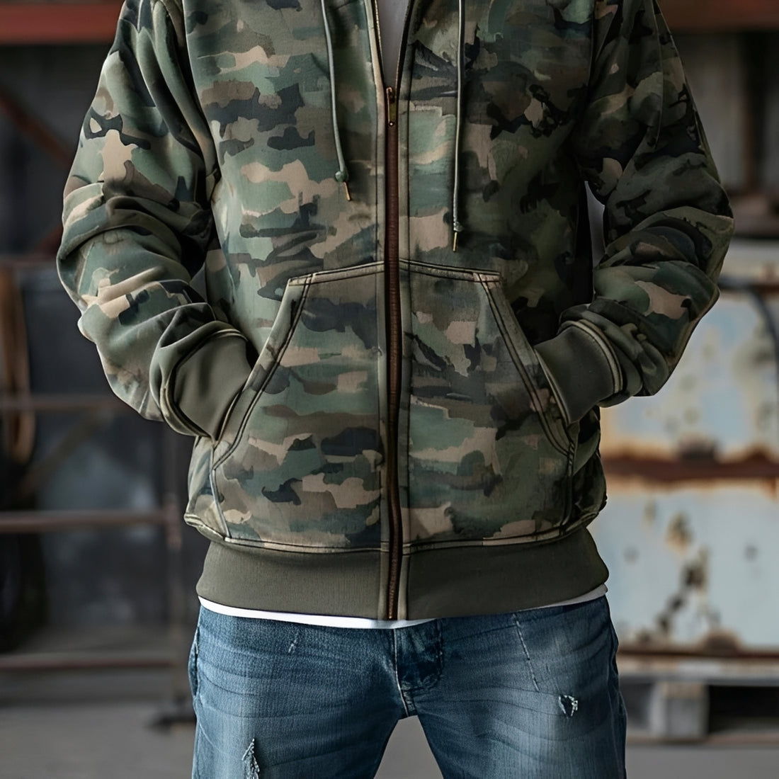Jaqueta de Moletom com Capuz e Estampa Camuflada para Homens