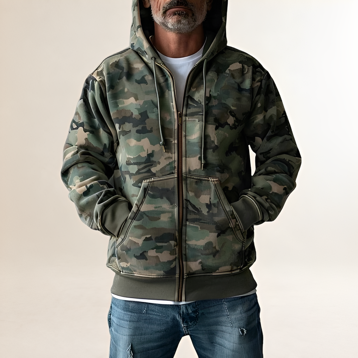 Jaqueta de Moletom com Capuz e Estampa Camuflada para Homens