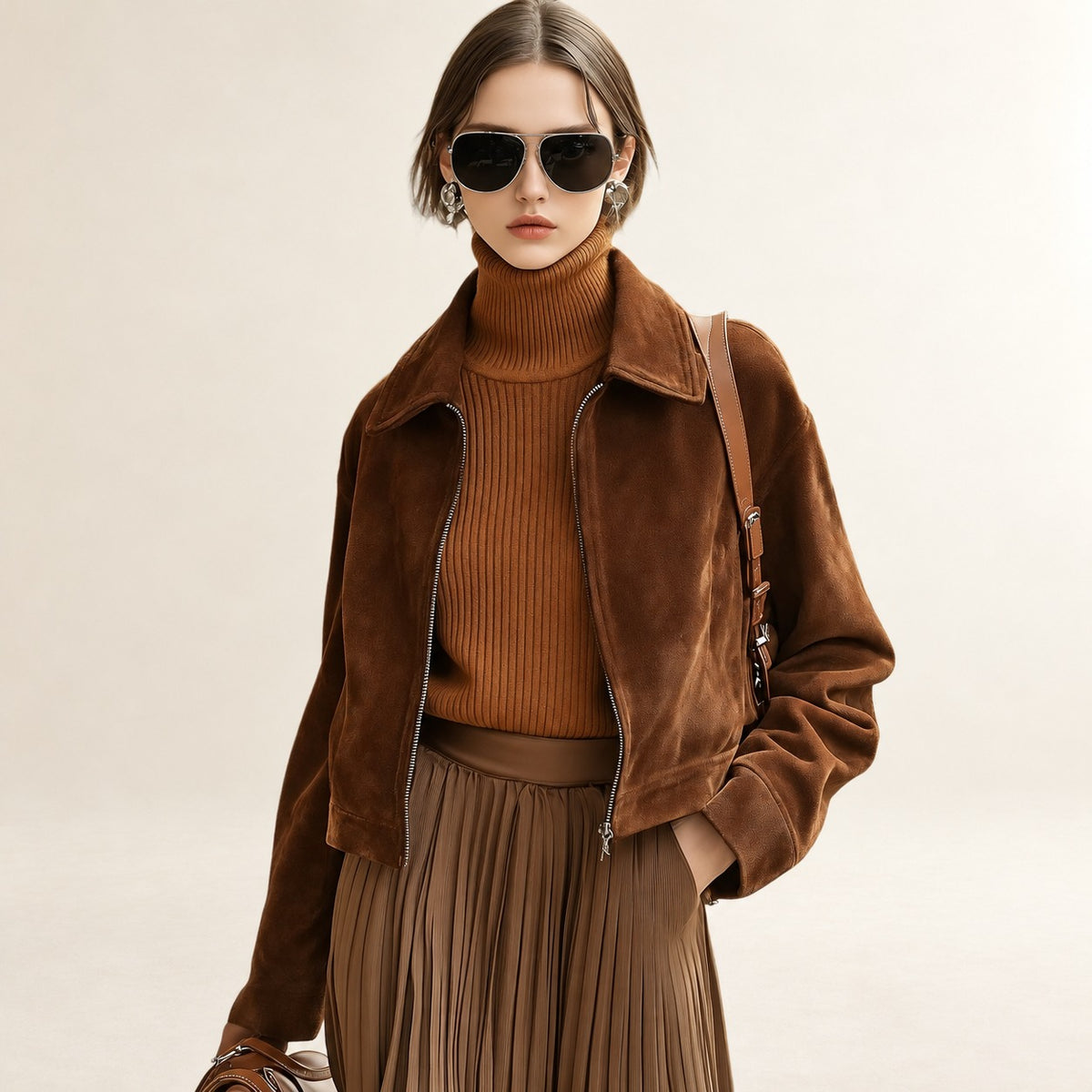 Jaqueta feminina casual com zíper, bolsos funcionais e comprimento cropped
