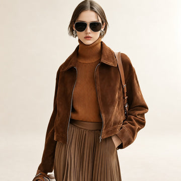 Jaqueta feminina casual com zíper, bolsos funcionais e comprimento cropped