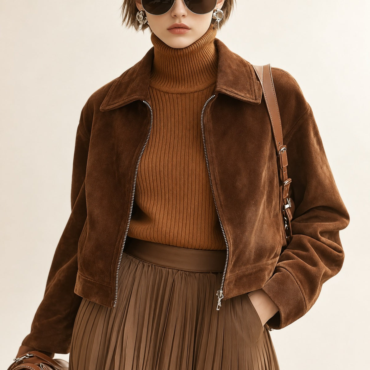 Jaqueta feminina casual com zíper, bolsos funcionais e comprimento cropped
