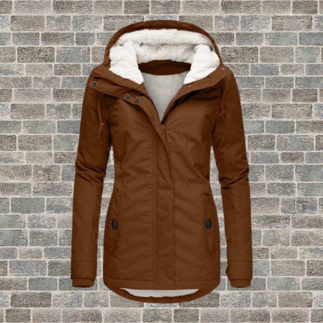 Jaqueta feminina de inverno com capuz casual com zíper e bolsos laterais