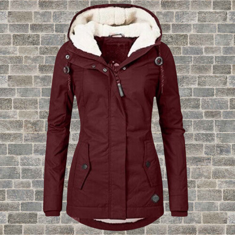 Jaqueta feminina de inverno com capuz casual com zíper e bolsos laterais