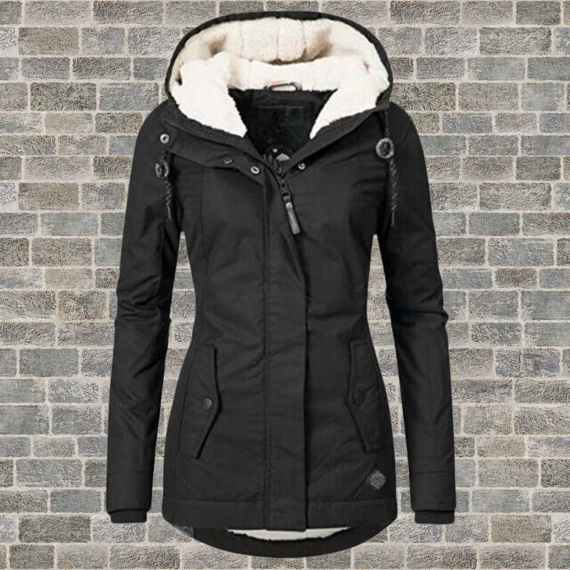Jaqueta feminina de inverno com capuz casual com zíper e bolsos laterais