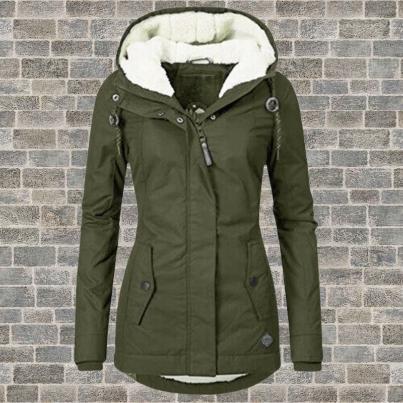 Jaqueta feminina de inverno com capuz casual com zíper e bolsos laterais