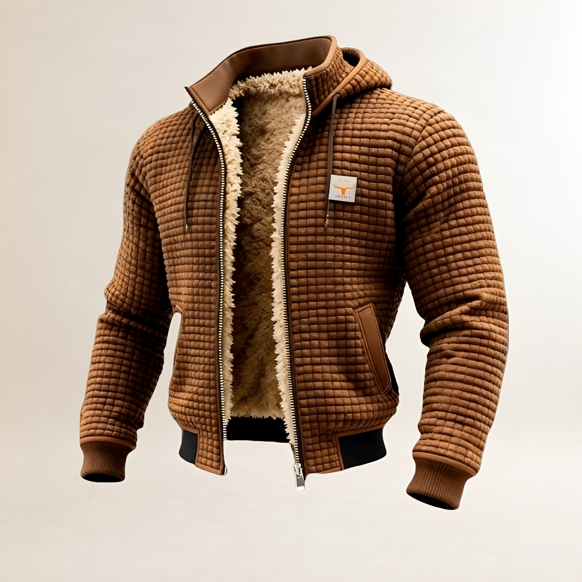 Jaqueta masculina acolchoada com capuz, fechamento por zíper e corte regular