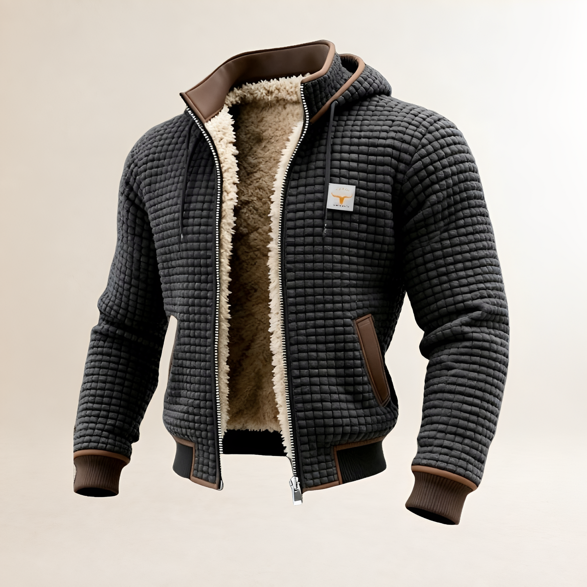 Jaqueta masculina acolchoada com capuz, fechamento por zíper e corte regular