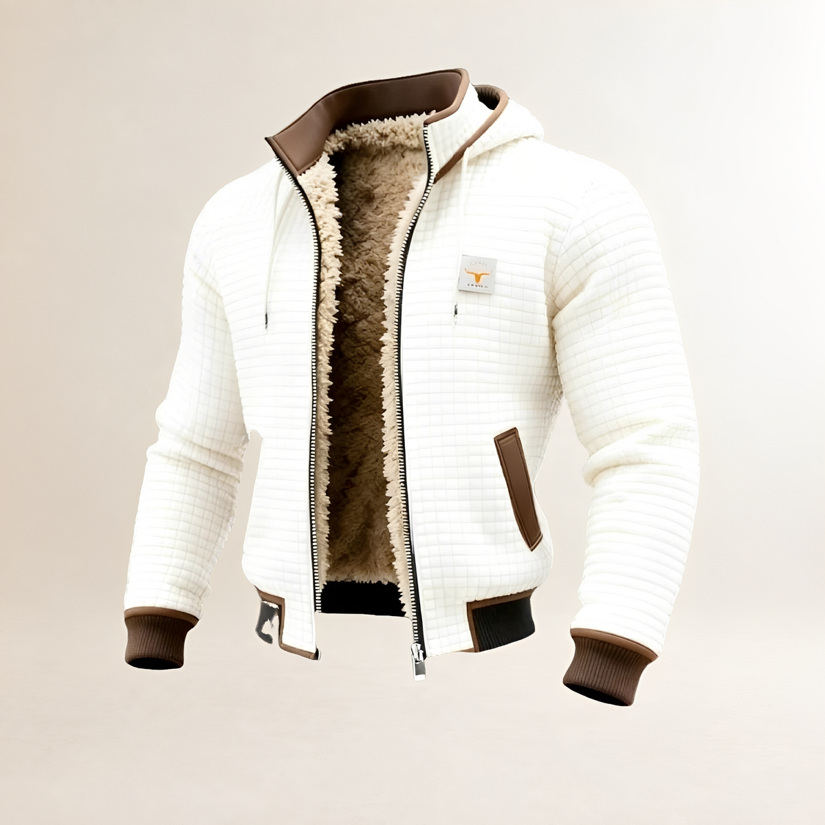 Jaqueta masculina acolchoada com capuz, fechamento por zíper e corte regular