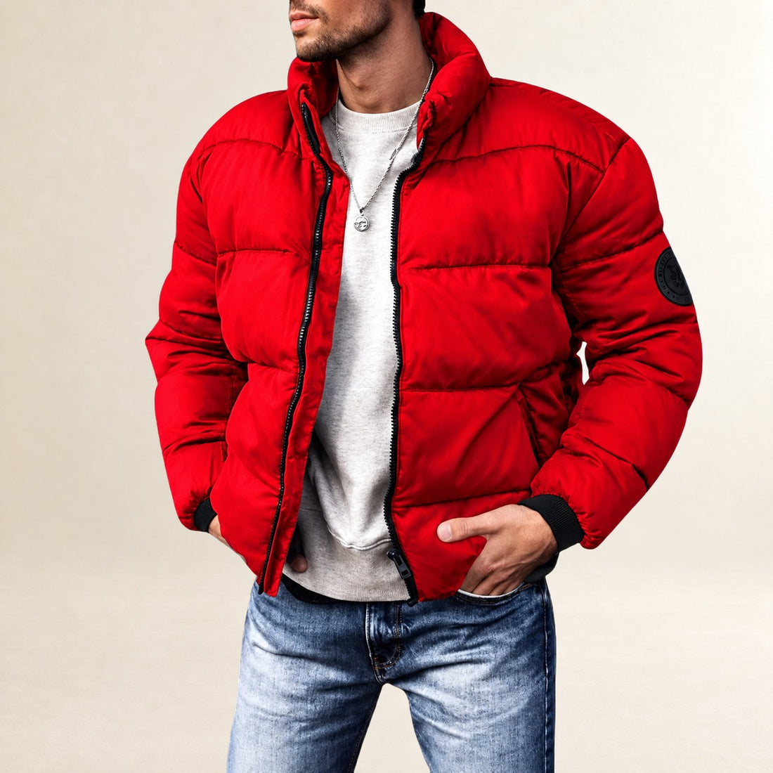 Jaqueta masculina acolchoada com design quilhado moderno e gola stand