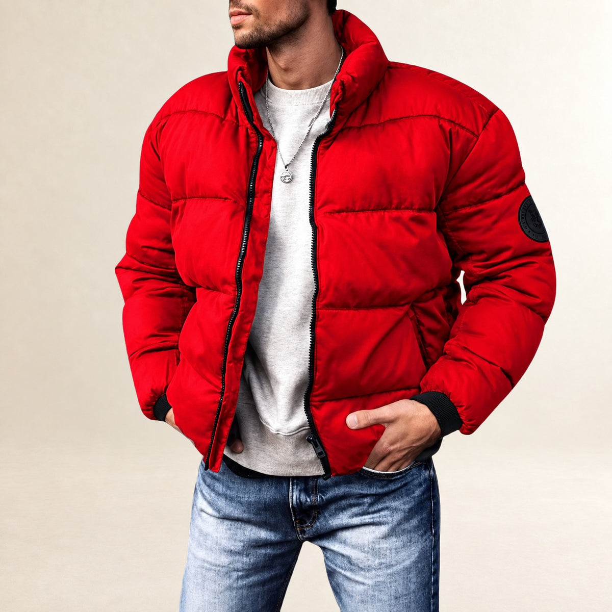 Jaqueta masculina acolchoada com design quilhado moderno e gola stand