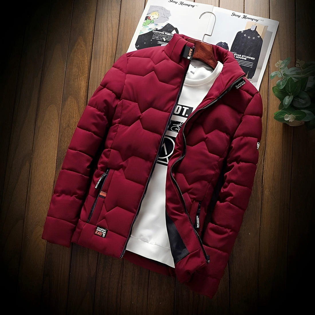 Jaqueta masculina acolchoada com quilting geométrico e bolsos com zíper