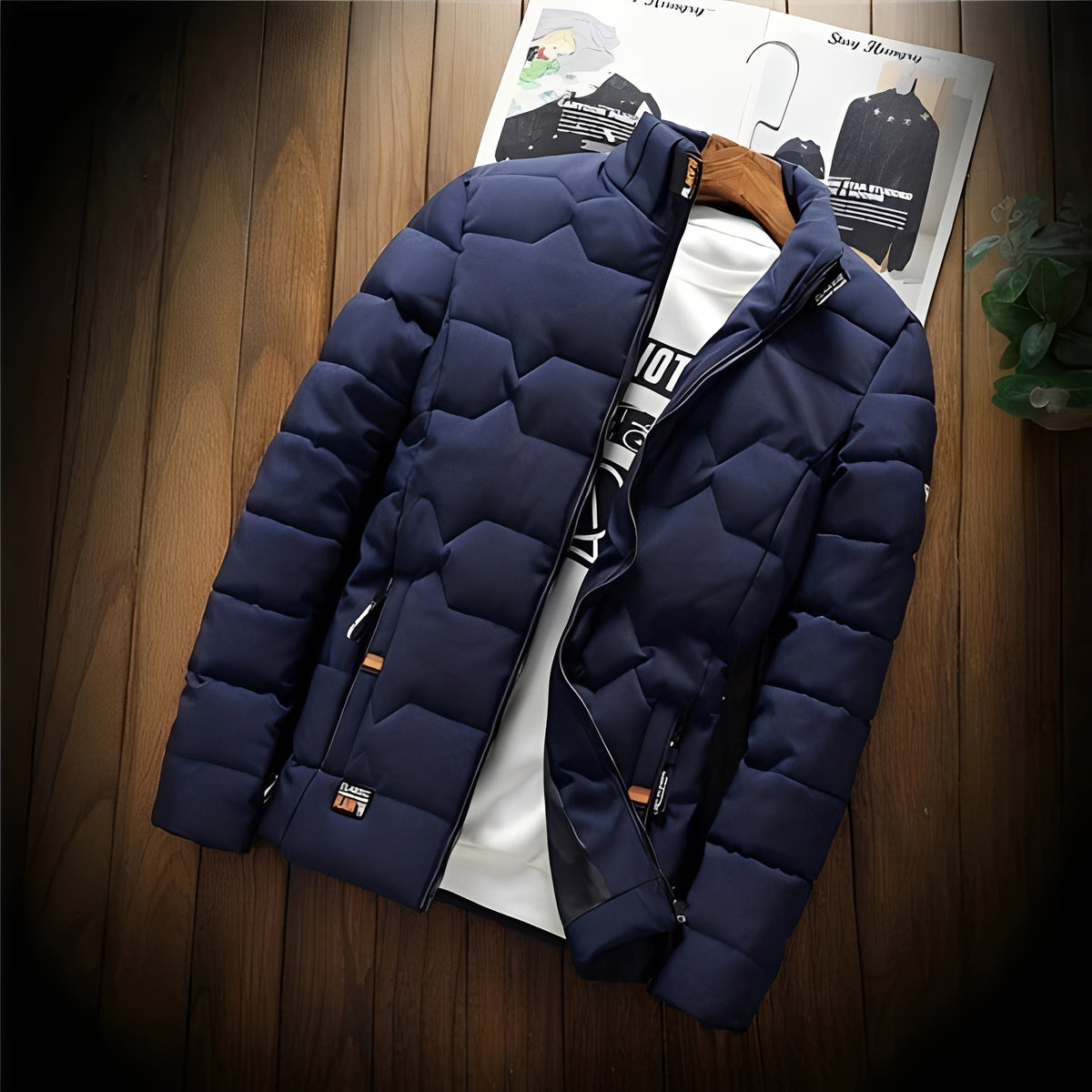 Jaqueta masculina acolchoada com quilting geométrico e bolsos com zíper