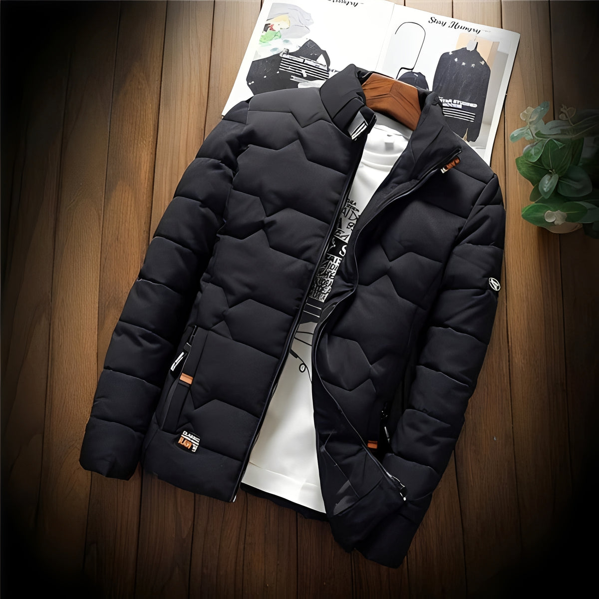 Jaqueta masculina acolchoada com quilting geométrico e bolsos com zíper