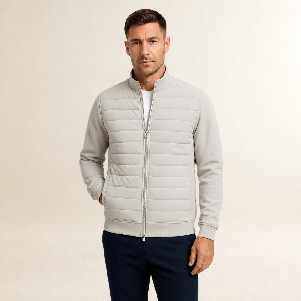 Jaqueta masculina acolchoada com zíper completo, gola standing e mangas lisas
