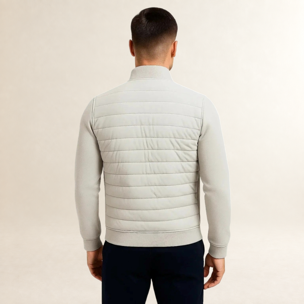 Jaqueta masculina acolchoada com zíper completo, gola standing e mangas lisas