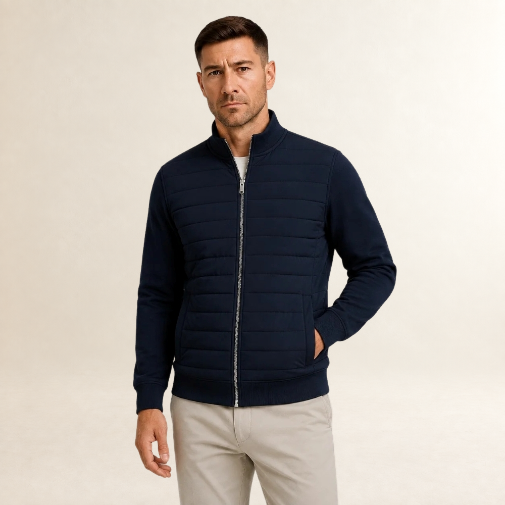 Jaqueta masculina acolchoada com zíper completo, gola standing e mangas lisas