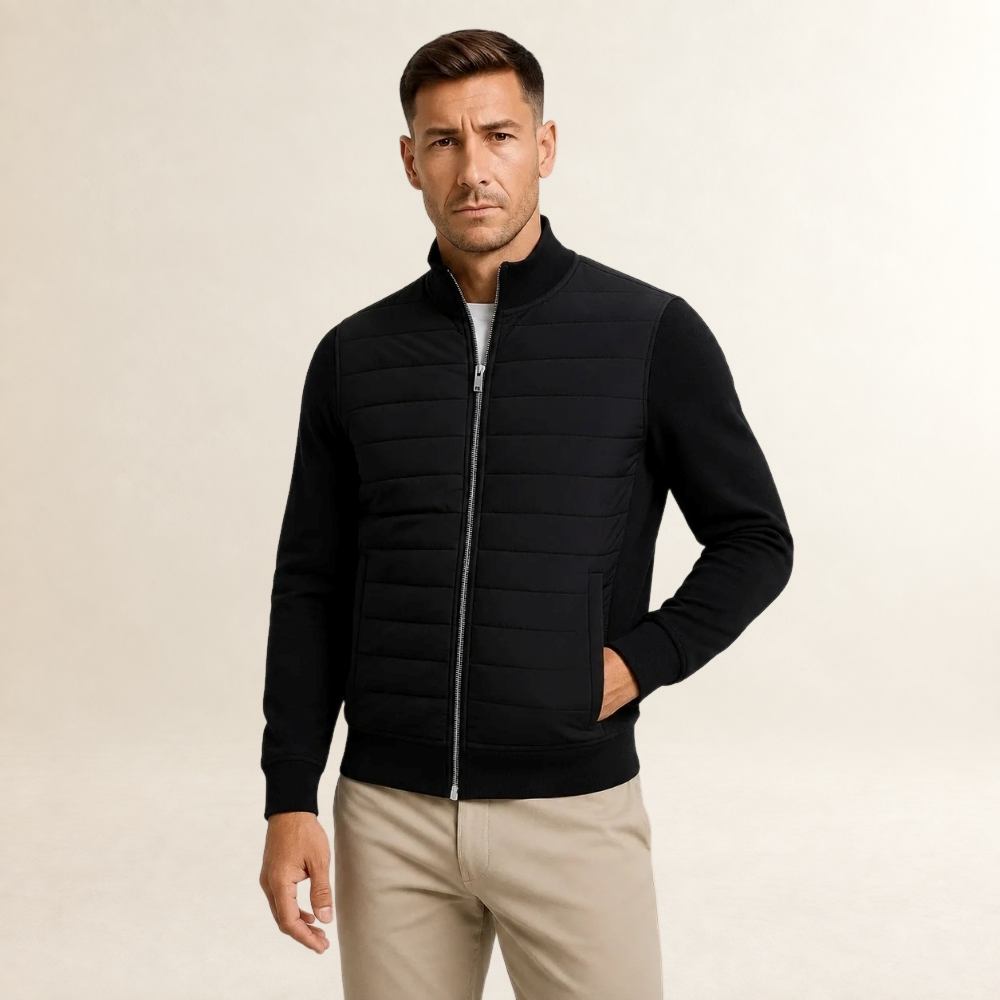Jaqueta masculina acolchoada com zíper completo, gola standing e mangas lisas