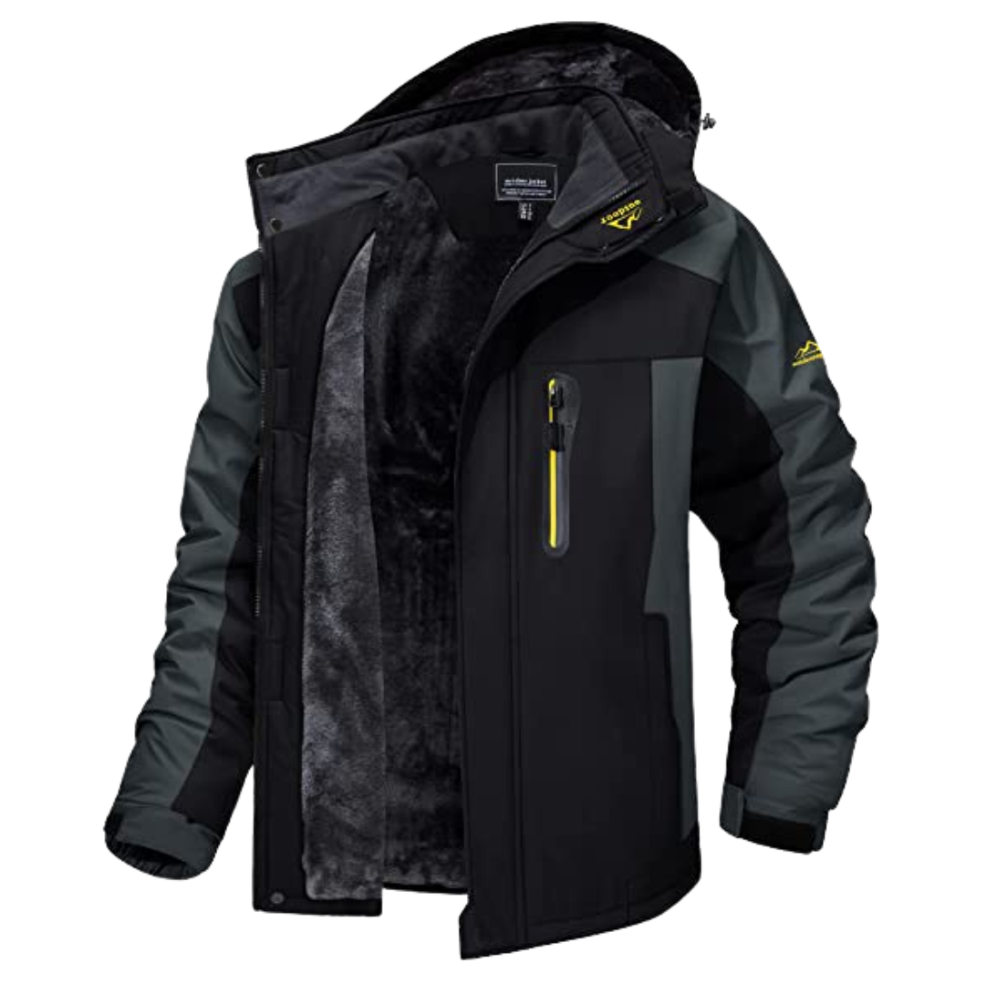 Jaqueta masculina acolchoada de inverno com capuz removível, gola alta e bolso peitoral com zíper