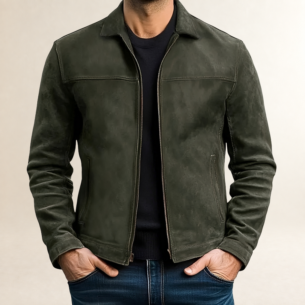 Jaqueta masculina ajustada com zíper frontal e costura contrastante