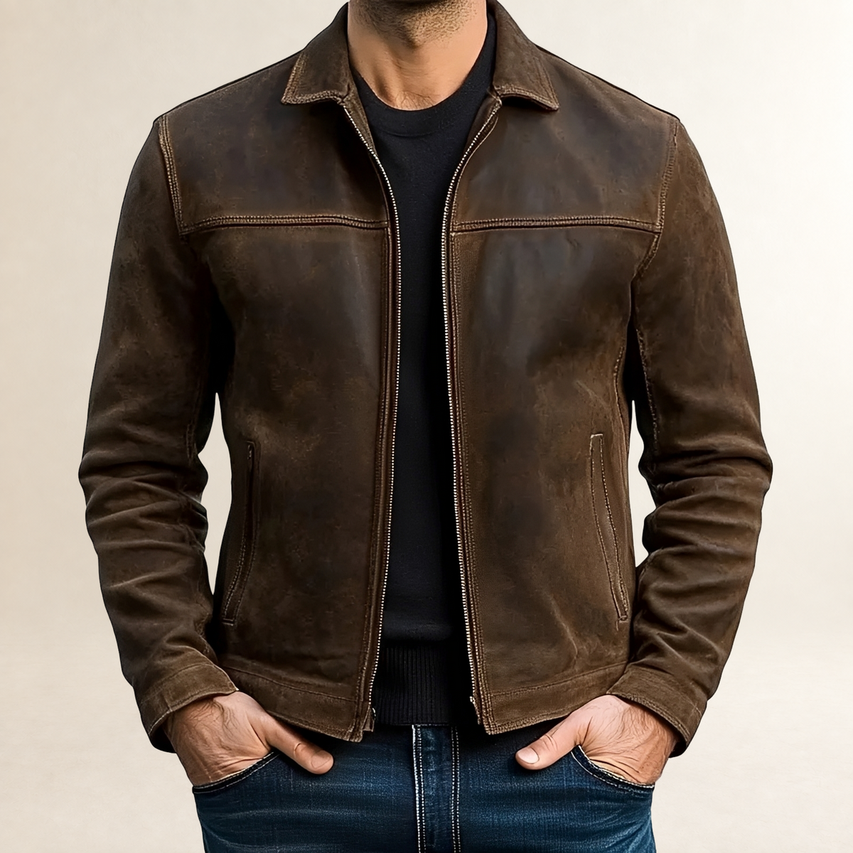 Jaqueta masculina ajustada com zíper frontal e costura contrastante