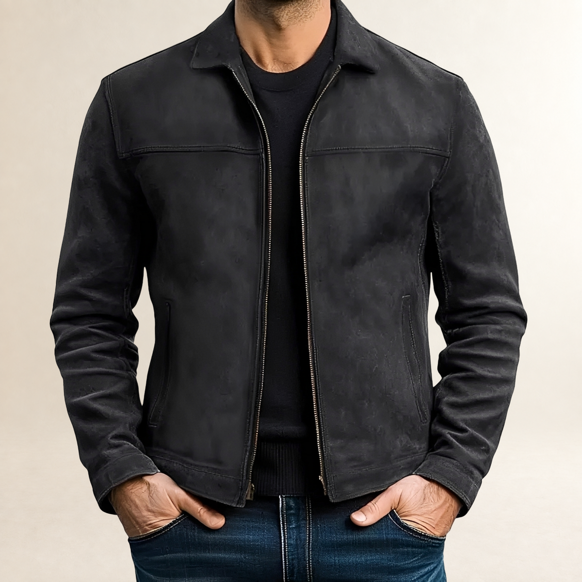 Jaqueta masculina ajustada com zíper frontal e costura contrastante