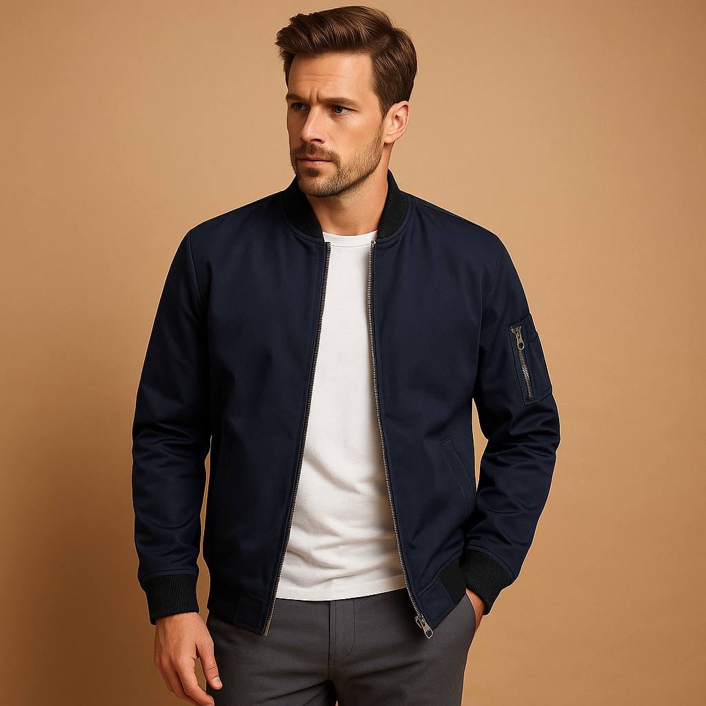 Jaqueta masculina bomber com fechamento de zíper, punhos canelados e bolso interno