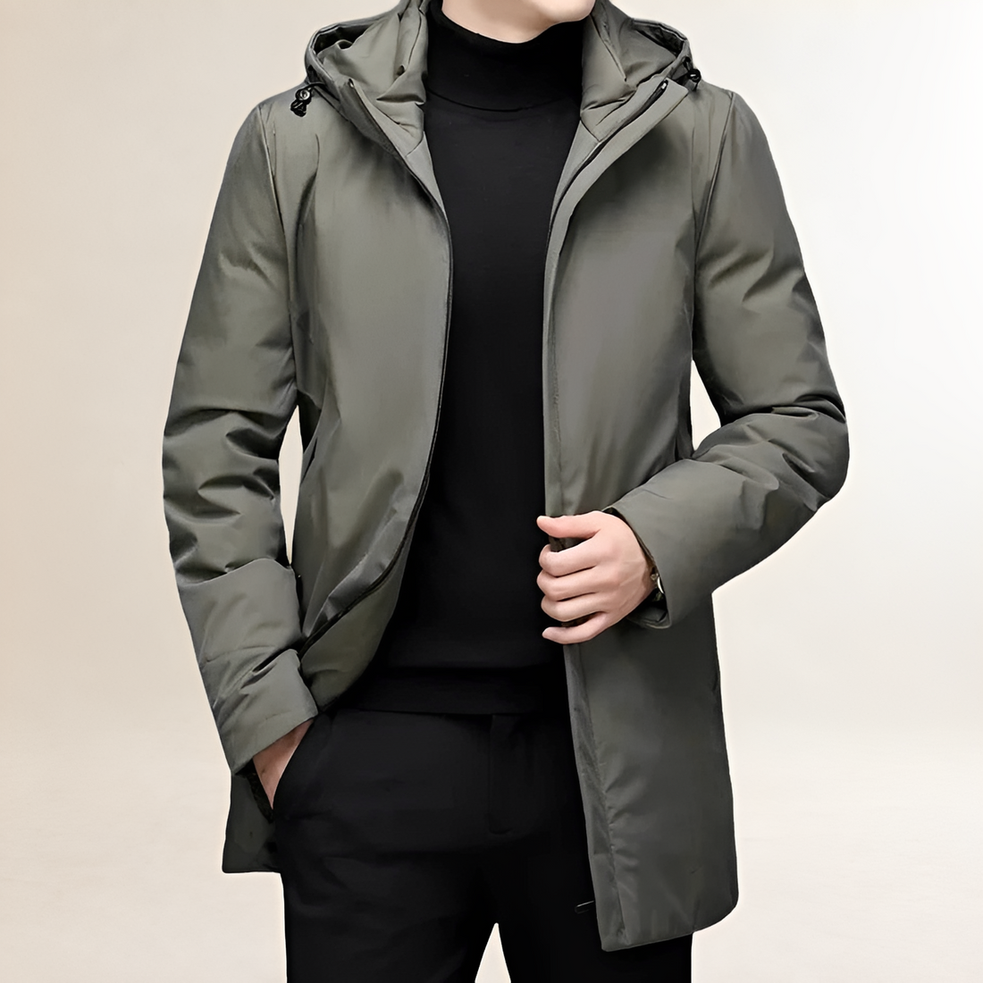 Jaqueta masculina com capuz, comprimento alongado, fechamento com zíper e corte regular