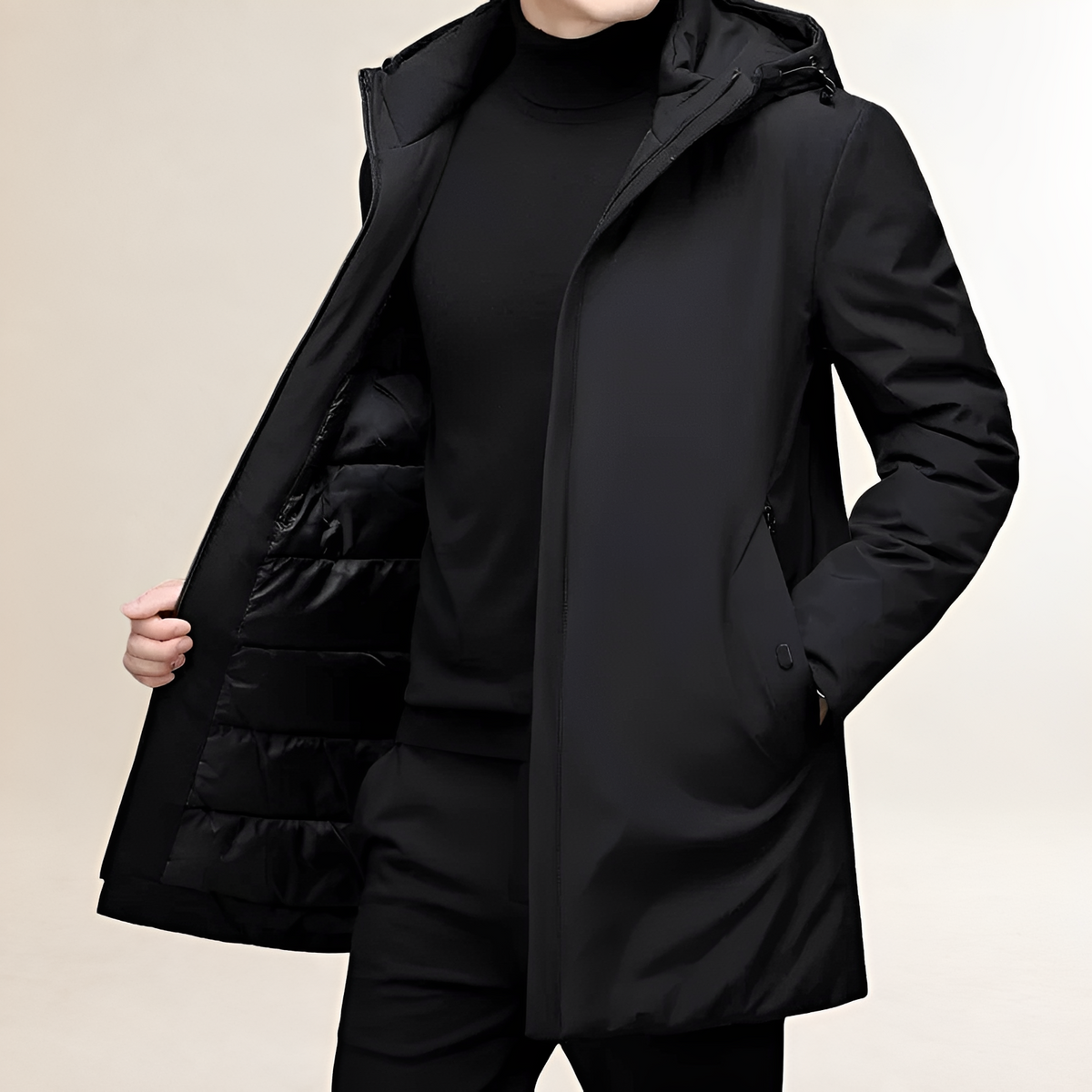 Jaqueta masculina com capuz, comprimento alongado, fechamento com zíper e corte regular