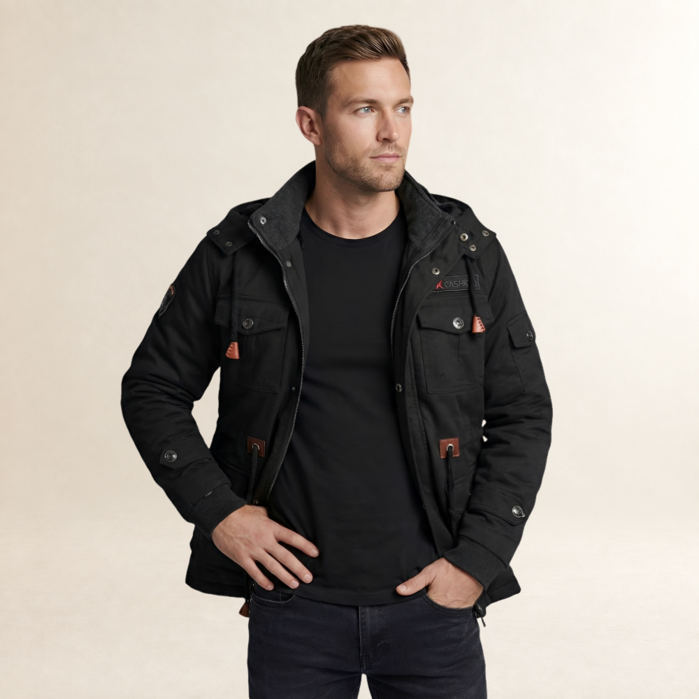 Jaqueta masculina com capuz e múltiplos bolsos - ajuste ajustável casual