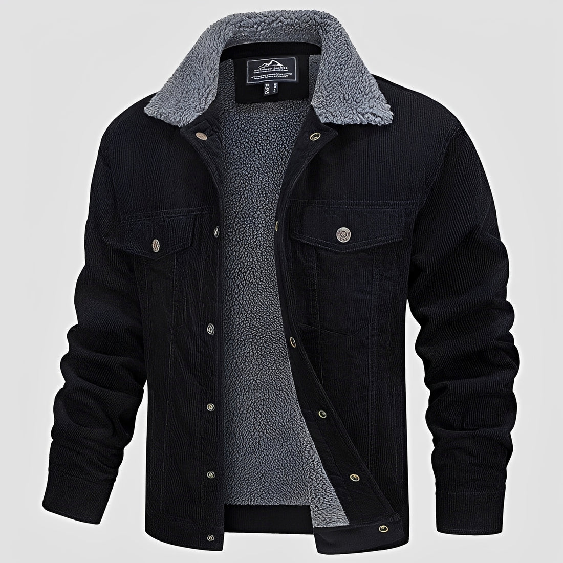 Jaqueta masculina com fechamento de botões, colar, caimento casual, mangas longas e bolsos no peito