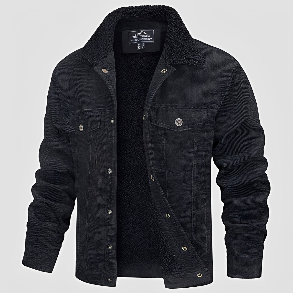 Jaqueta masculina com fechamento de botões, colar, caimento casual, mangas longas e bolsos no peito