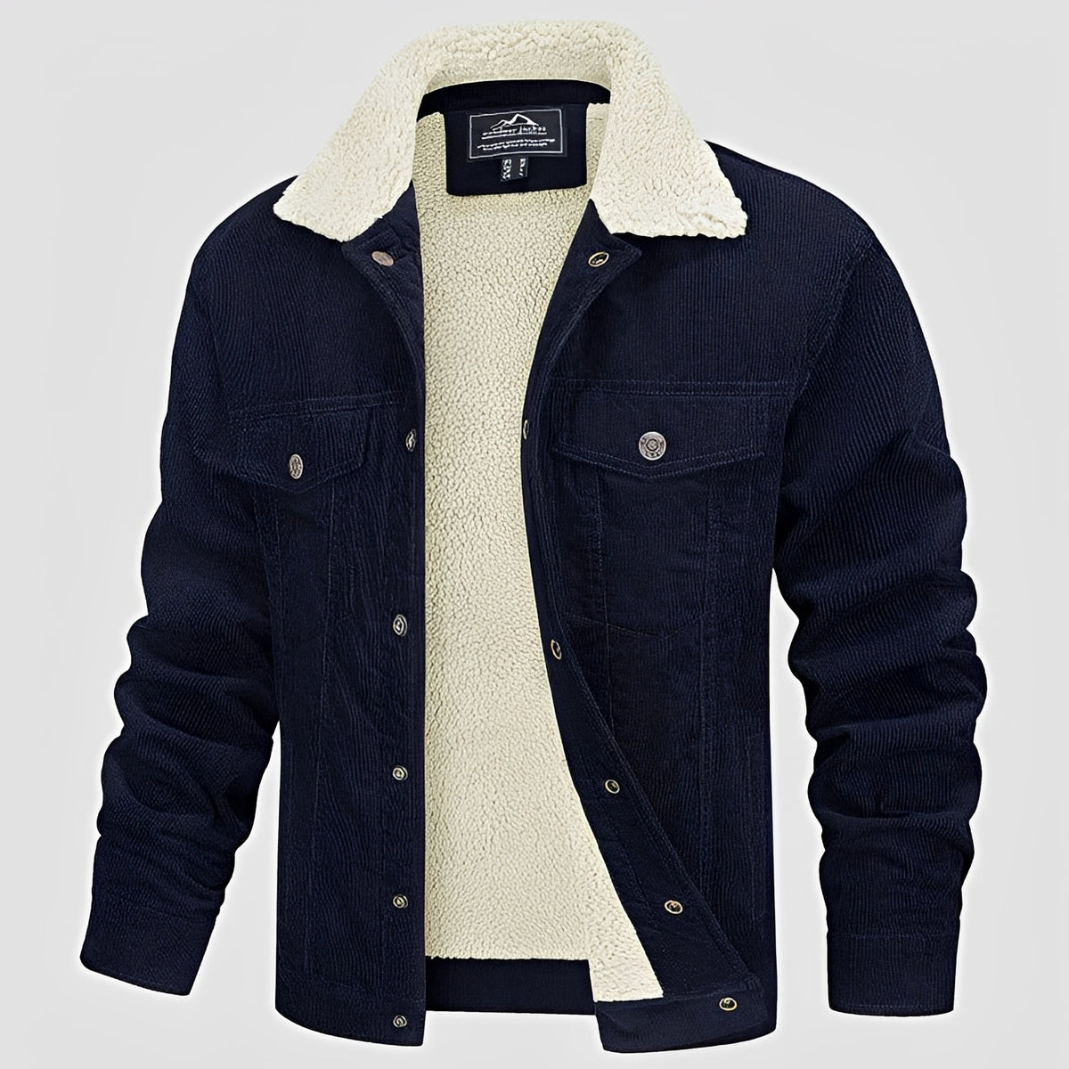 Jaqueta masculina com fechamento de botões, colar, caimento casual, mangas longas e bolsos no peito
