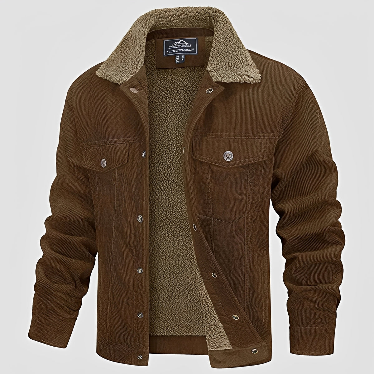 Jaqueta masculina com fechamento de botões, colar, caimento casual, mangas longas e bolsos no peito