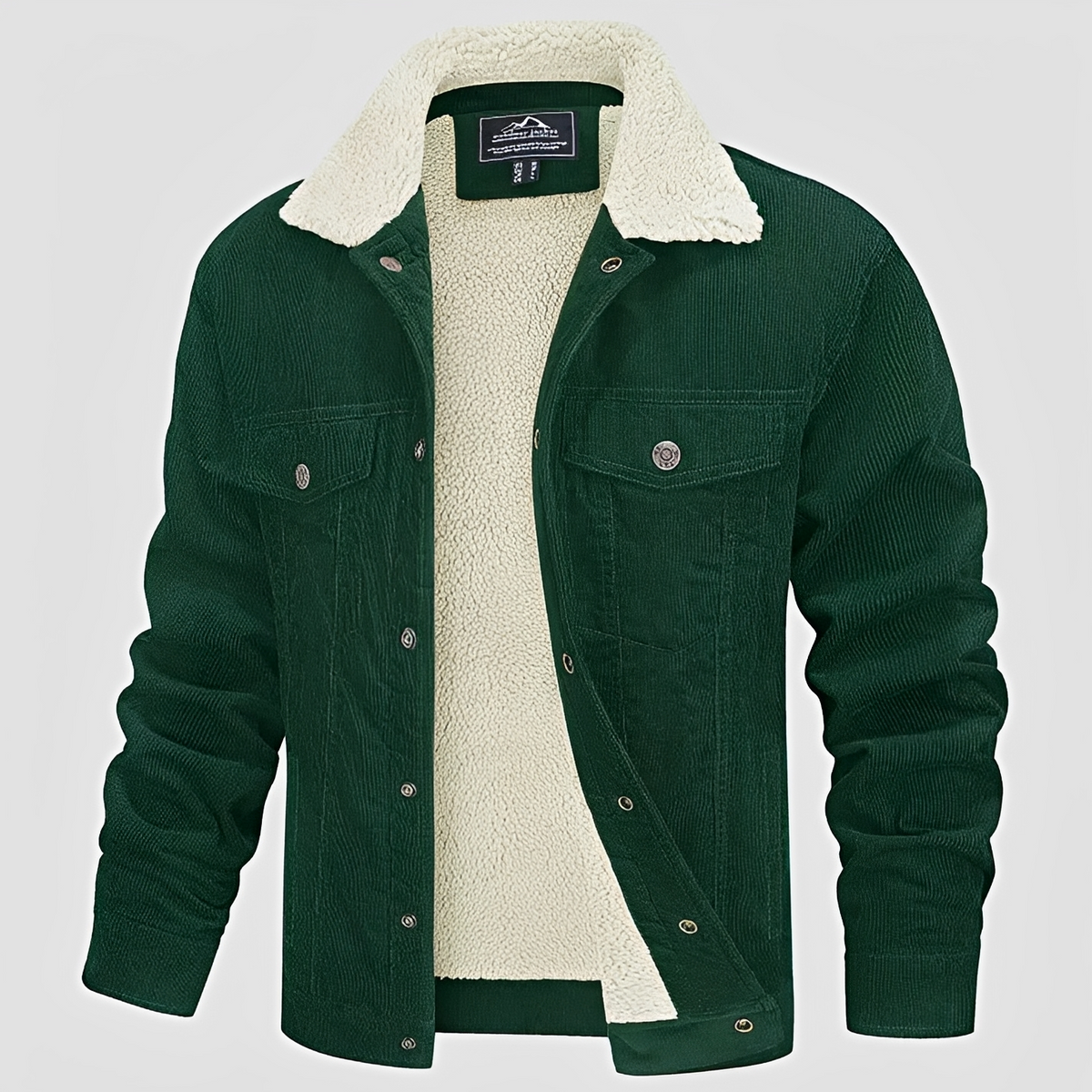Jaqueta masculina com fechamento de botões, colar, caimento casual, mangas longas e bolsos no peito