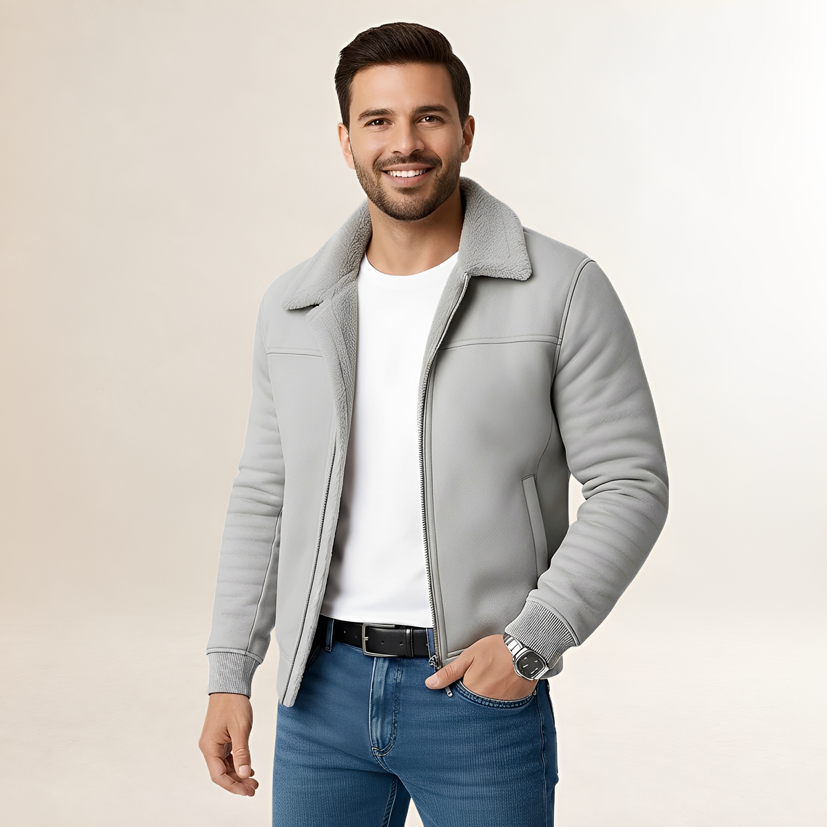Jaqueta masculina com fechamento de zíper, colarinho estilizado e corte moderno