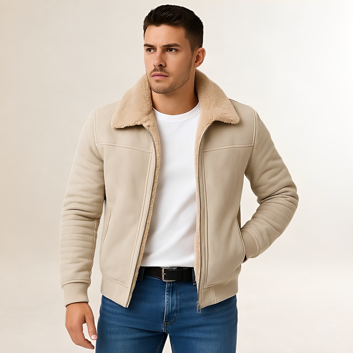 Jaqueta masculina com fechamento de zíper, colarinho estilizado e corte moderno