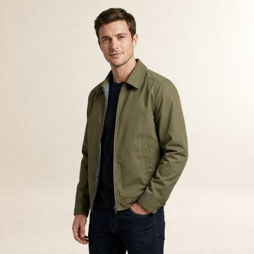 Jaqueta masculina com fecho completo, gola ponti e bolso interno