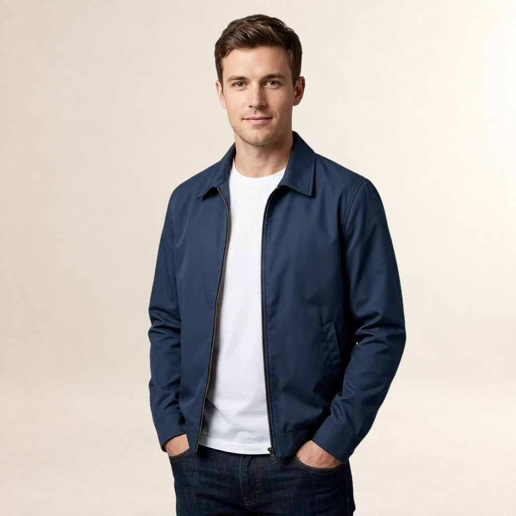 Jaqueta masculina com fecho completo, gola ponti e bolso interno