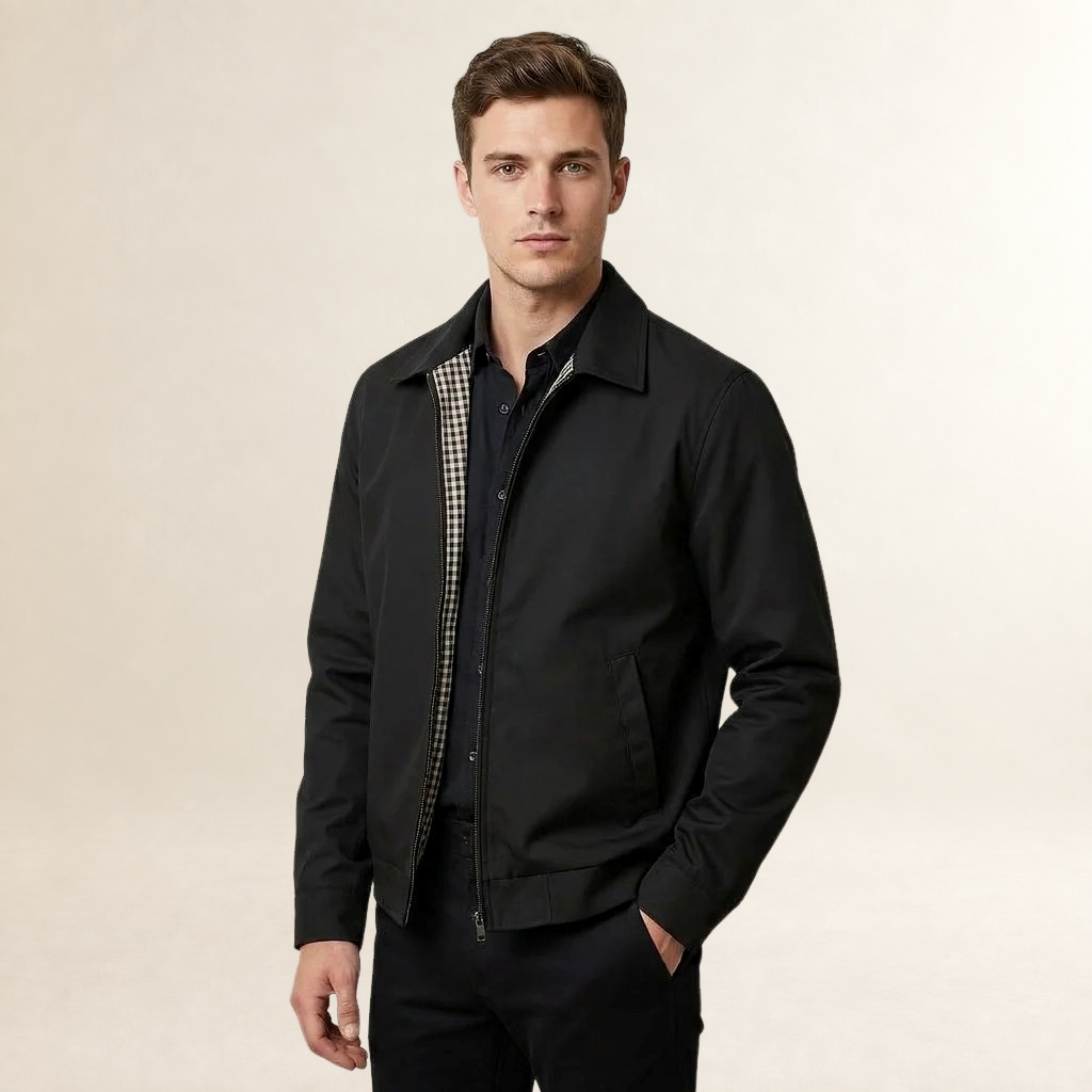 Jaqueta masculina com fecho completo, gola ponti e bolso interno