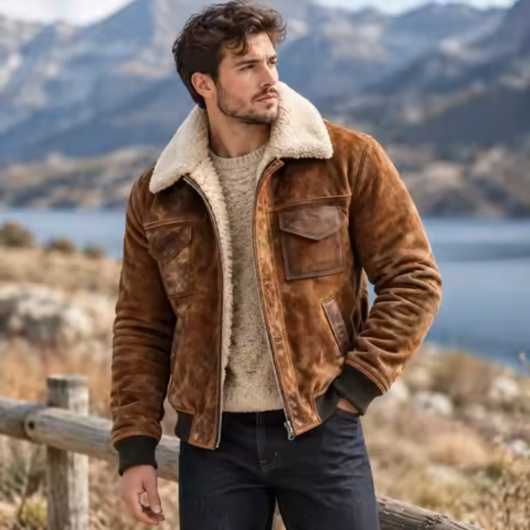 Jaqueta masculina com zíper frontal, colarinho em contraste, bolsos frontais com abas e bolso peitoral com zíper, corte regular