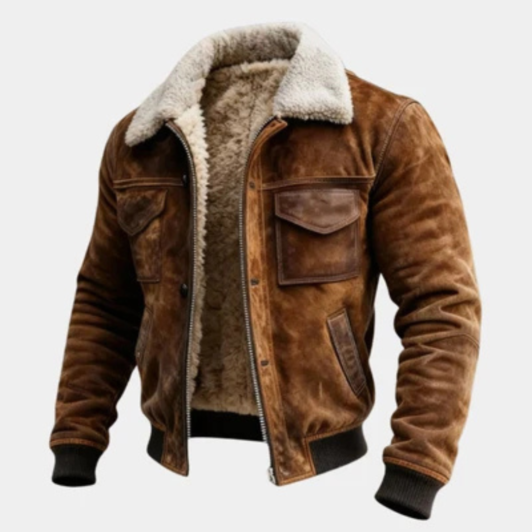 Jaqueta masculina com zíper frontal, colarinho em contraste, bolsos frontais com abas e bolso peitoral com zíper, corte regular